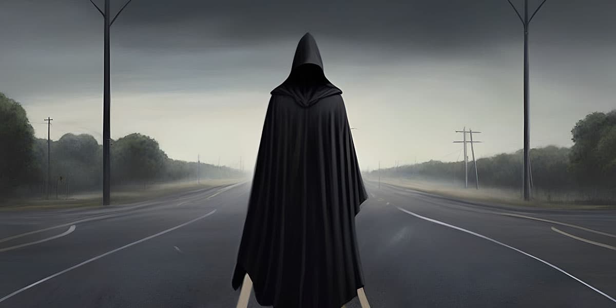 Black Hooded Figure with No Face Standing at the Crossroads