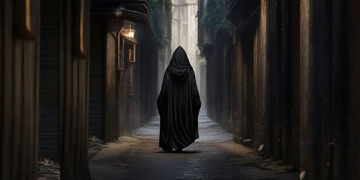 Black Hooded Figure with No Face in a Deserted Alleyway