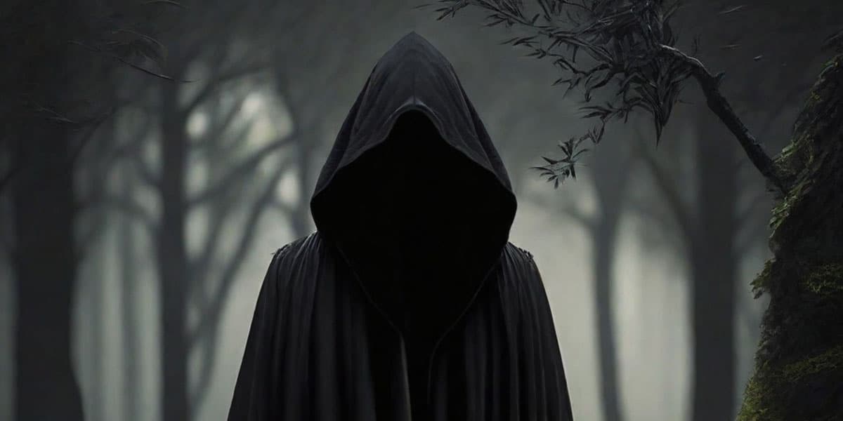 Black Hooded Figure with No Face in the Forest