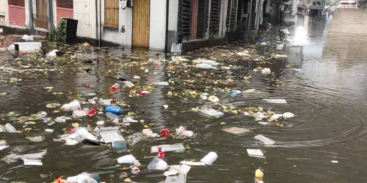 Flooded Streets with Floating Trash