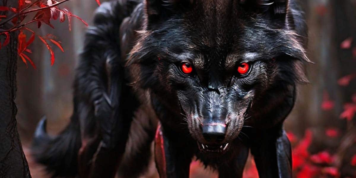 Black Wolf with Red Eyes Staring