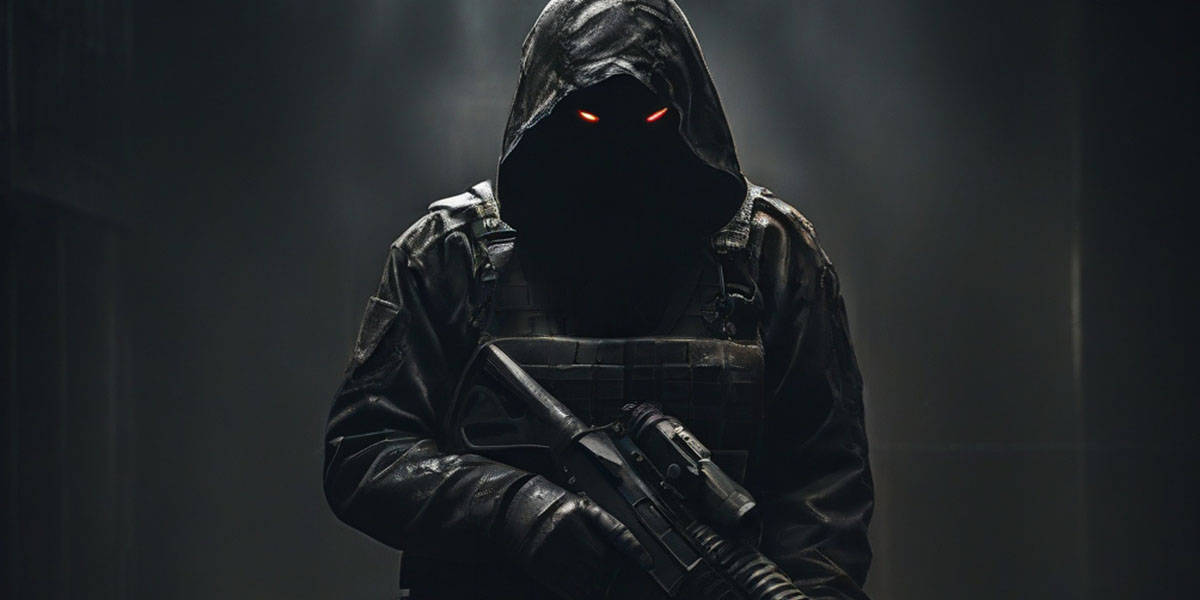 Black Hooded Figure with no Face Holding a Gun